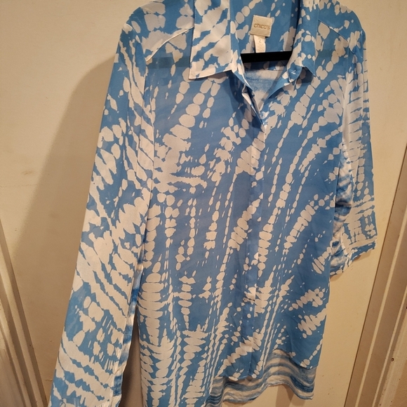 Chico's Mixed Print Chiffon Button Down Longline Tunic Top Sz 2 (L) Artsy Casual - Picture 3 of 6